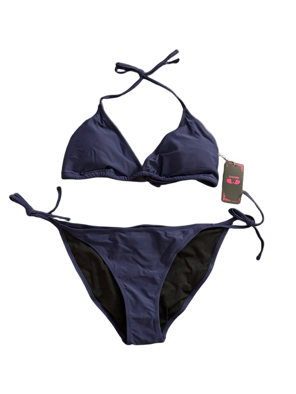 SHEKINI Navy Blue String Bikini Set Halter Tie Side XL NWT